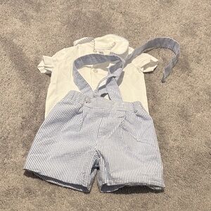 Florence Eiseman Blue and White Striped Kids Set with Suspenders